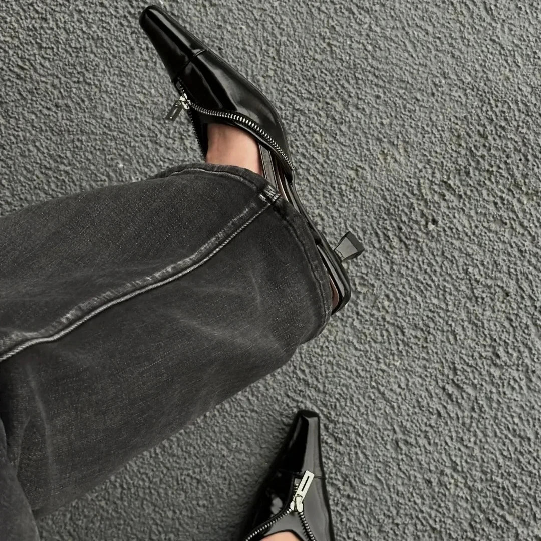 Pointed Toe Low Heels Mule Shoes Zipper Slingback Sandal Party Pumps Elegant Fashions High Heels