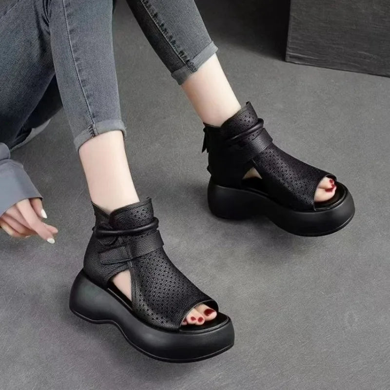 Hollow Breathable Hole Shoes Thick Sole Leather Fish Mouth Hook Loop Retro Comfortable Wedge Sandal Plus Size 43