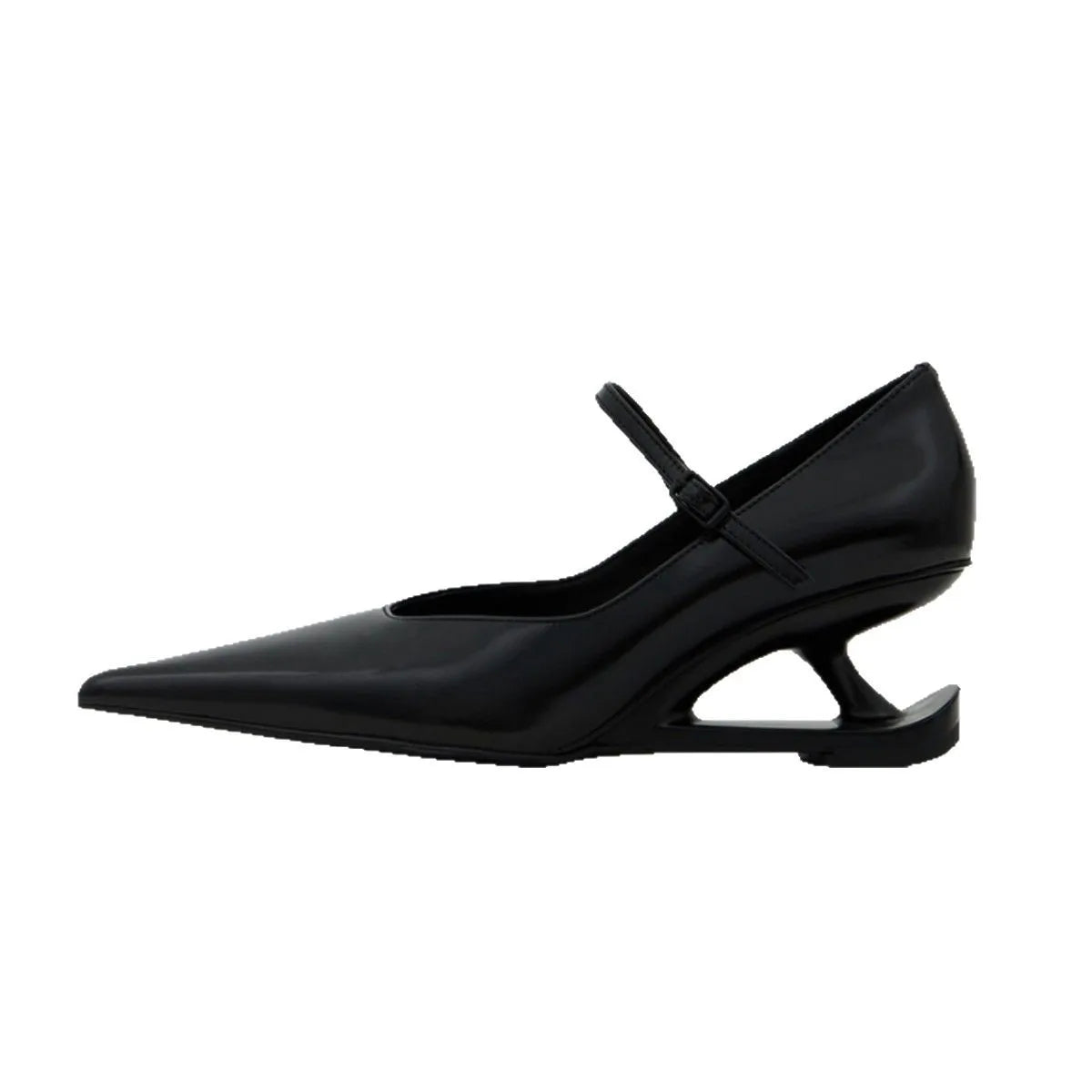 Red Heel Mary Jane Shoes Pointed Toe Style Buckle Leather Shoes Black Party