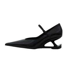 Red Heel Mary Jane Shoes Pointed Toe Style Buckle Leather Shoes Black Party
