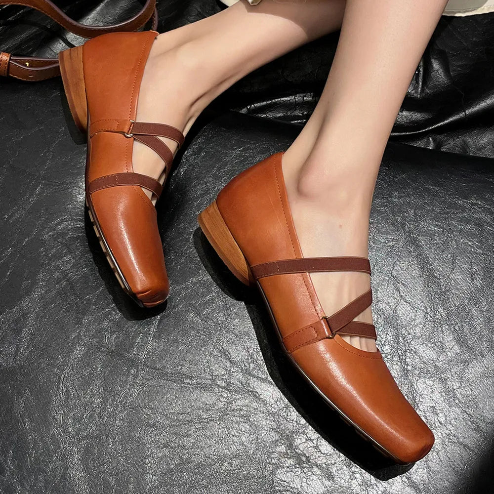 Womenn's genuine leather square toe elastic band slip-on ballet flats cross strap slim soft comfortable ballerians shoes