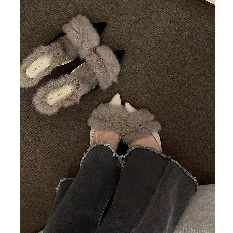 High Heel Shoes Fur Slippers Mules Pointed Toe Furry Slides Elegant Flip Flops Office Pumps