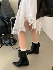 Black Boots Round Toe Chunky Heels Fall Shoes Belt Buckle Cowboy Boots