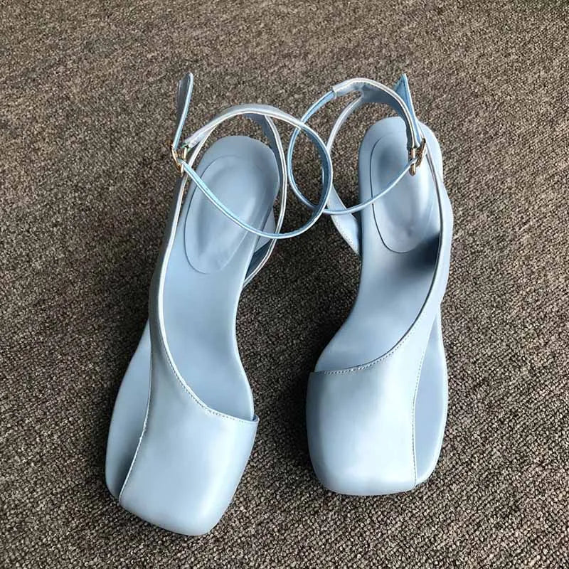 Leather Sandals Square Toe Ankle Strap Chunky Heel Elegant Party Evening
