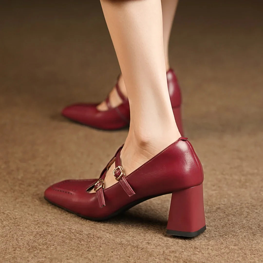 genuine leather double metal buckle t-strap slip-on pumps 7cm thick med heel elegant OL style daily heeled shoes
