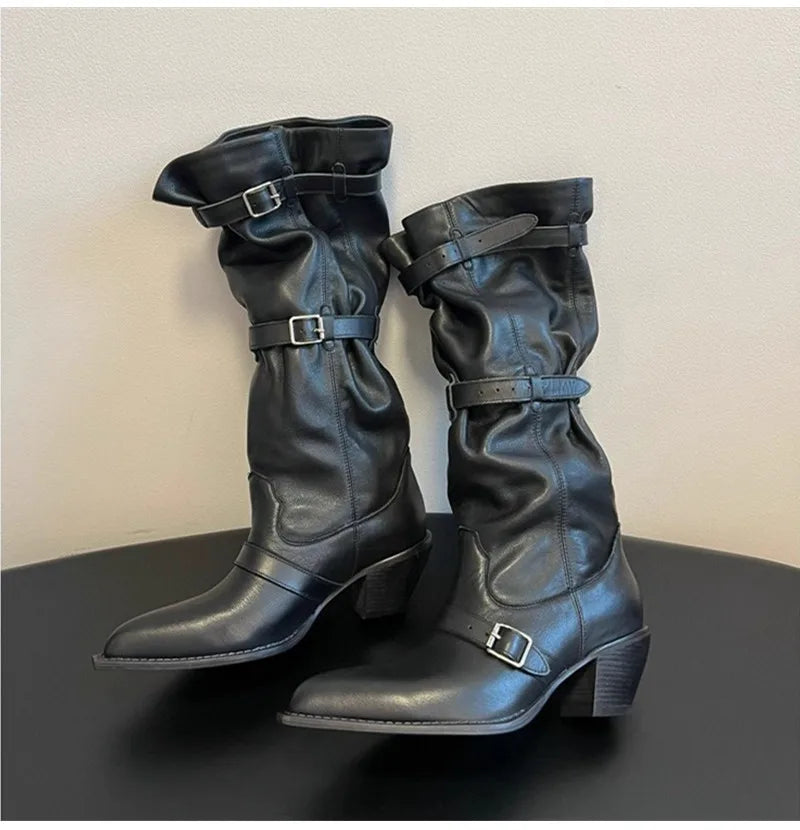 Vintage Pleated Belt Buckle Faux Suede Knee High Boots High heels Western Cowboy Knight Boots Shoes