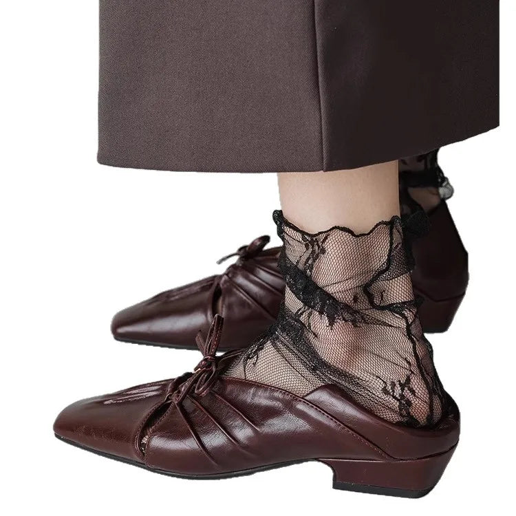 Pleated Hollow Mary Jane Style Shoes with Bow Design Flat Shoes Square Toe Casual Comfortable Outdoors Shoes Fashion