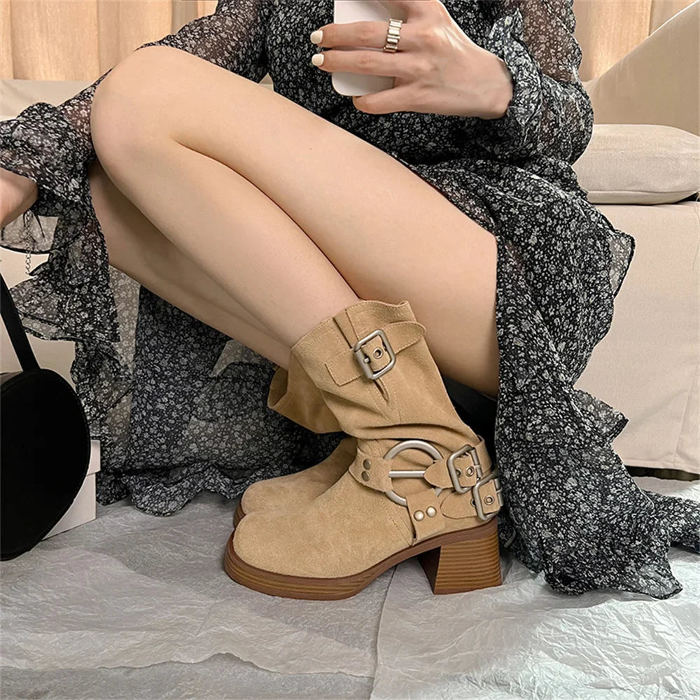 Cow Suede Leather Mid-calf Boots Thick High Heels Warm High Boots Motorcycle Boots Shoes