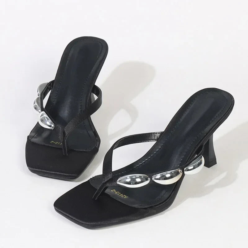 Metal Narrow Band Flip Flops Slippers Party Low Heels Gladiator Slide Sandals Mules Shoes