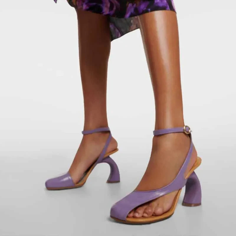 Leather Sandals Square Toe Ankle Strap Chunky Heel Elegant Party Evening