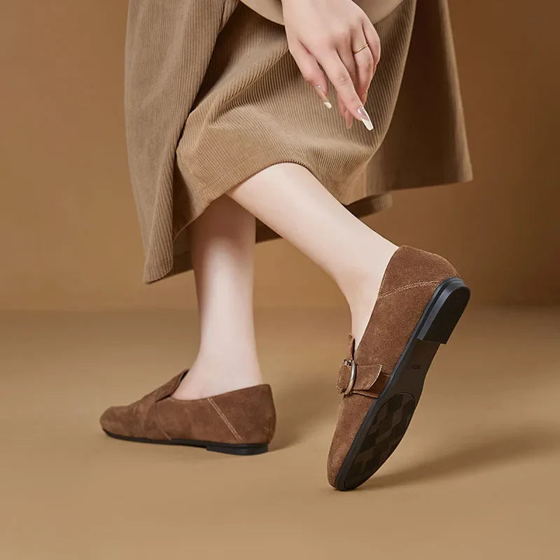 Genuine Leather Flats Metal Buckle-Decorated Suede Loafers Light Comfortable Cow Suede Shoes