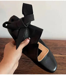 Soft Leather Lace-up Ankle Boots Comfortable Flats Short Booties Bowknot Chelsea Boots Shoes Botas