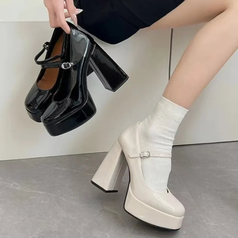 Platform Mary Jane High Heels Chunky Heeled Buckle Strap Solid Color Lolita Shoes Sweet Cosplay Pumps