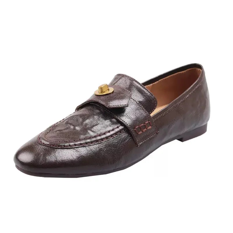 Genuine Calfskin Slip On Round Toe Square Heel Shallow Casual Outdoor Shoes