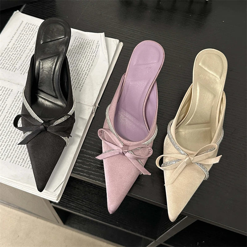 Crystal Butterfly-knot Woman Pumps Design Style Low Heels Pointed Toe Shallow Shoes Slides Mules Slippers