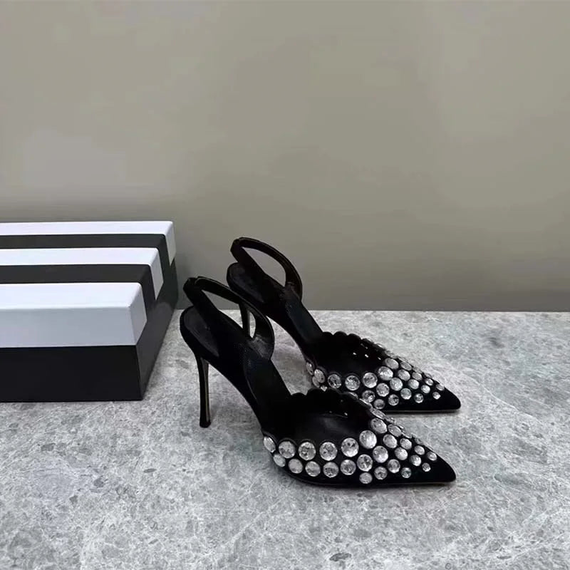 Super Beautiful Rhinestone Shallow Stiletto Pointed Shoes Roman Cut-out High Heeled Sandals