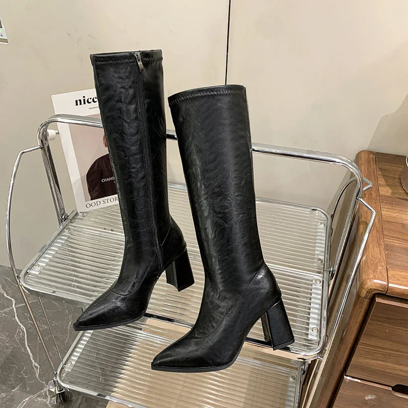 Knee High Boots Knight Long Booties Square High Heels Shoes Botas Mujer
