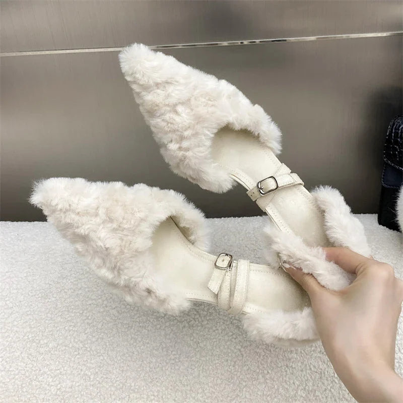 Faux Fur Fluffy Street Style Pointed Toe Thin High Heels Shoes Elegant Party Prom Zapatos De Mujer