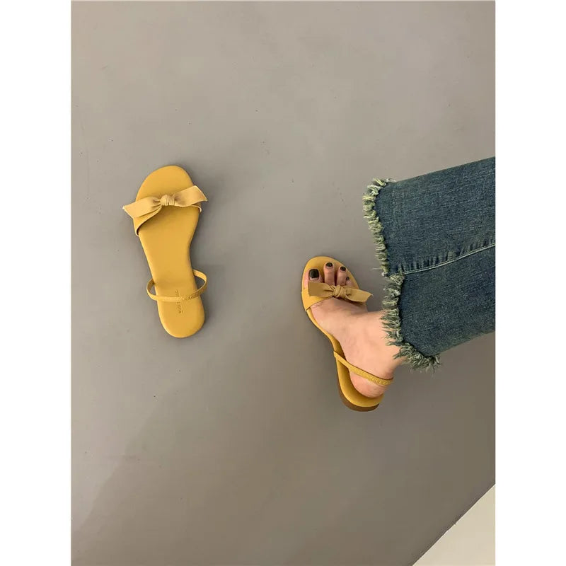 Flat Shoes Low Woman's Slippers Slides Butterfly-Knot Rome Butterfly-knot Rubber Retro Scandals PU H