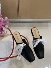 Slippers Casual Flat Shoes Lace Beige Heeled Sandals Slides Cover Toe Slipers Mules Butterfly-Knot Blac