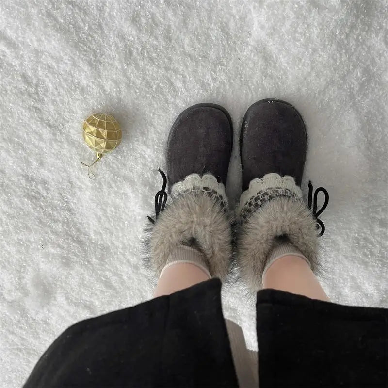 Sweet Lace Decoration Furry Suede Snow Boots Thick Bottom Fluffy Fur Ankle Boots Warm Plush Shoes
