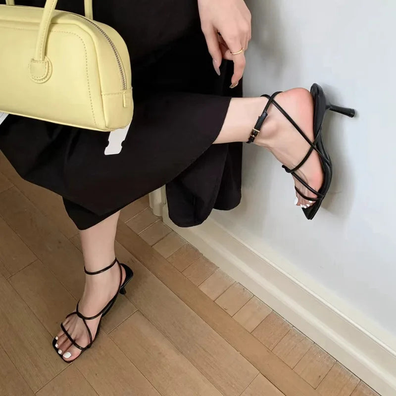 Womens Shoes Sandals Stiletto Heels Suit Beige All-Match Girls Low Comfort High Retro
