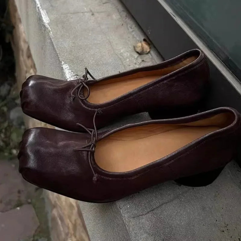Square Toe wrinkled Mary Jane Shoes Soft Leather Round Heel Ballerina Shoes