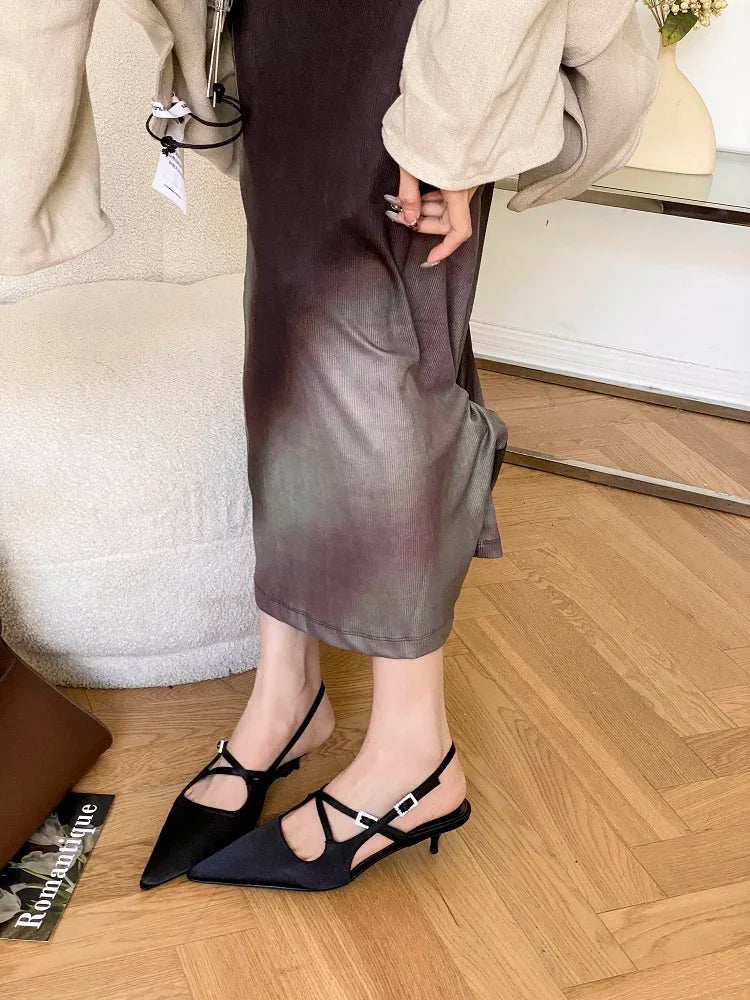 Elegant Narrow Band Buckle Strap Woman Pumps Pointed Toe Thin Low Heels Party Dress