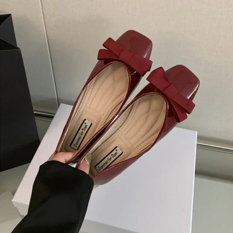 Mary Jane Shoes Square Toe Flats Shallow Dress Shoe Butterfly Knot Patent Leather Soft Soled Ballet Shoes