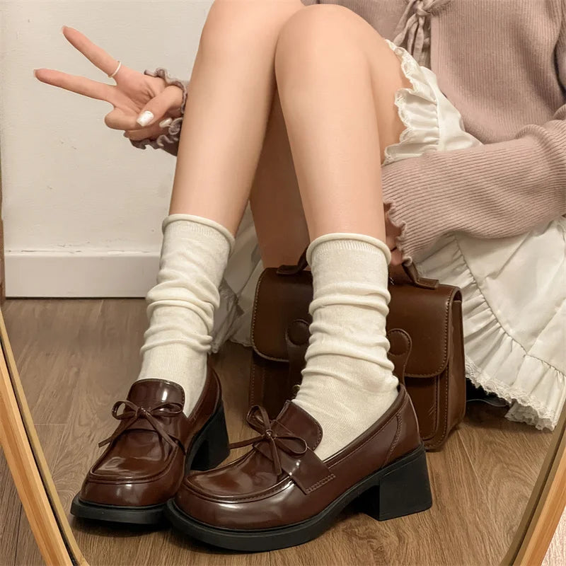 College Style Platform Loafers Shoes Shallow Slip On Shoes Elegant Thick Heel Leather Shoes