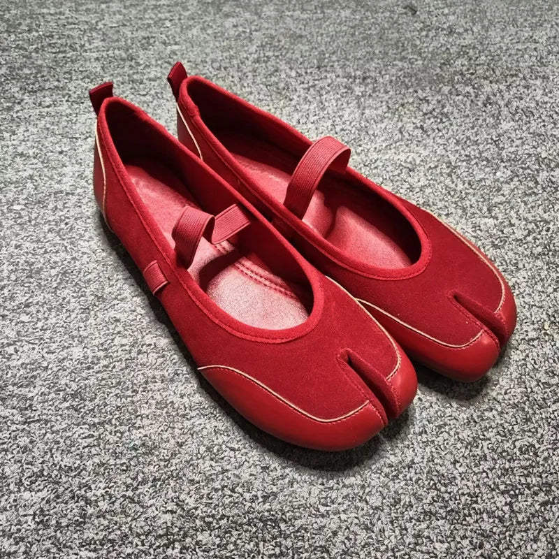 Split toe Faux suede Patchwork Tabi Ballet Flats Mary Janes Walking Loafers Casual Girls Dance Shoes