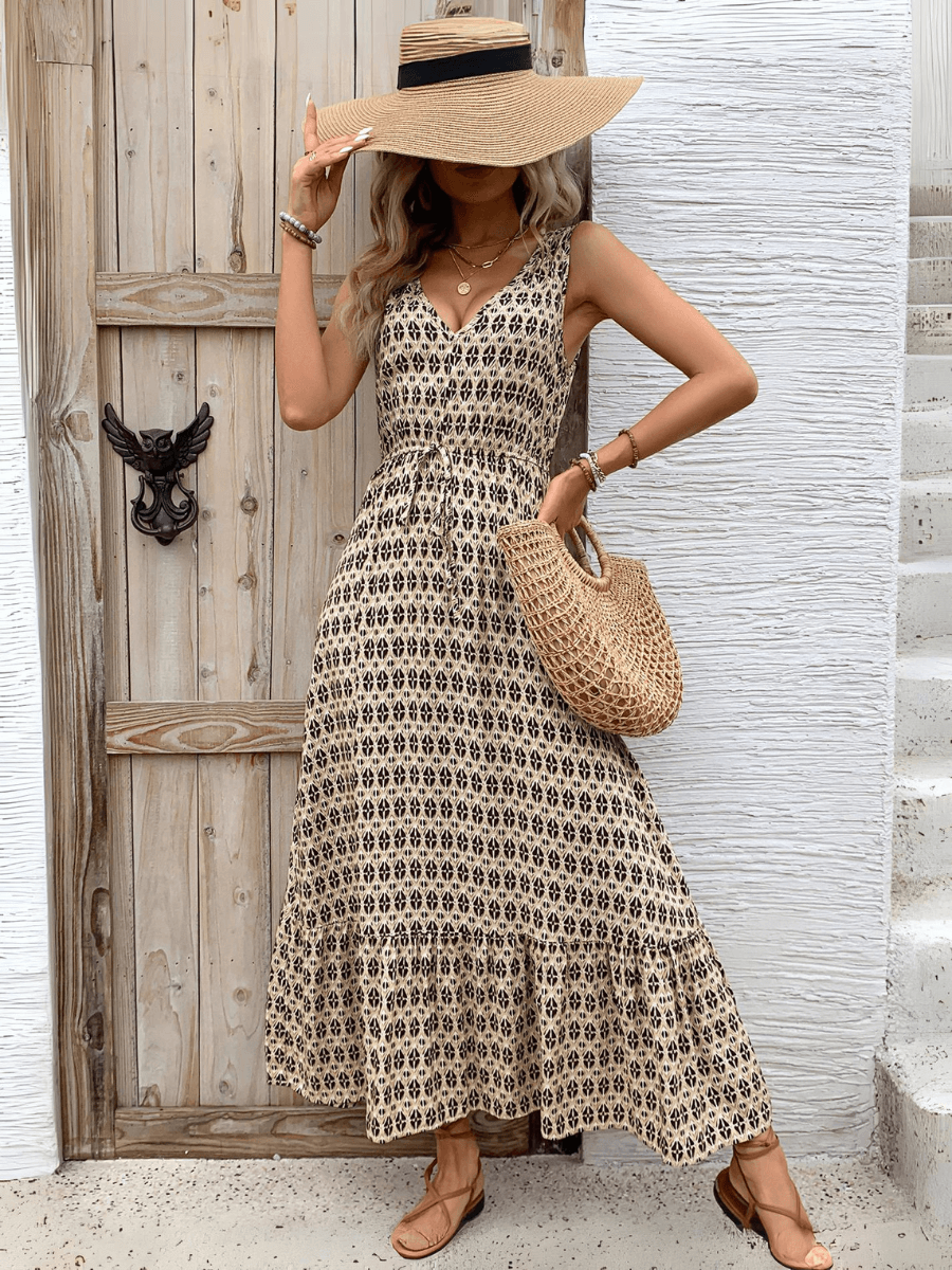 Ashlyn V-Neck Tiered Maxi Dress - Beige