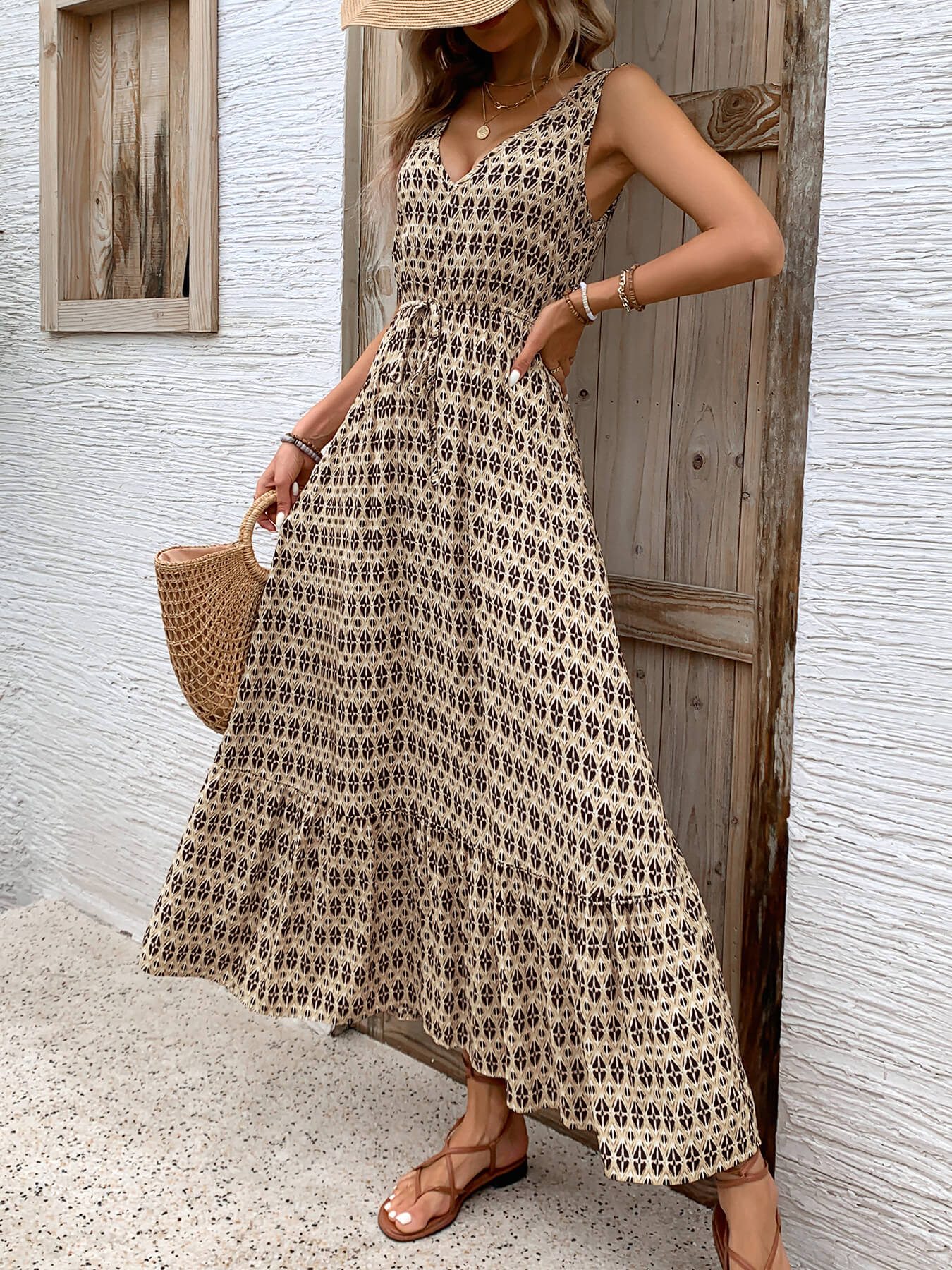 Ashlyn V-Neck Tiered Maxi Dress - Beige