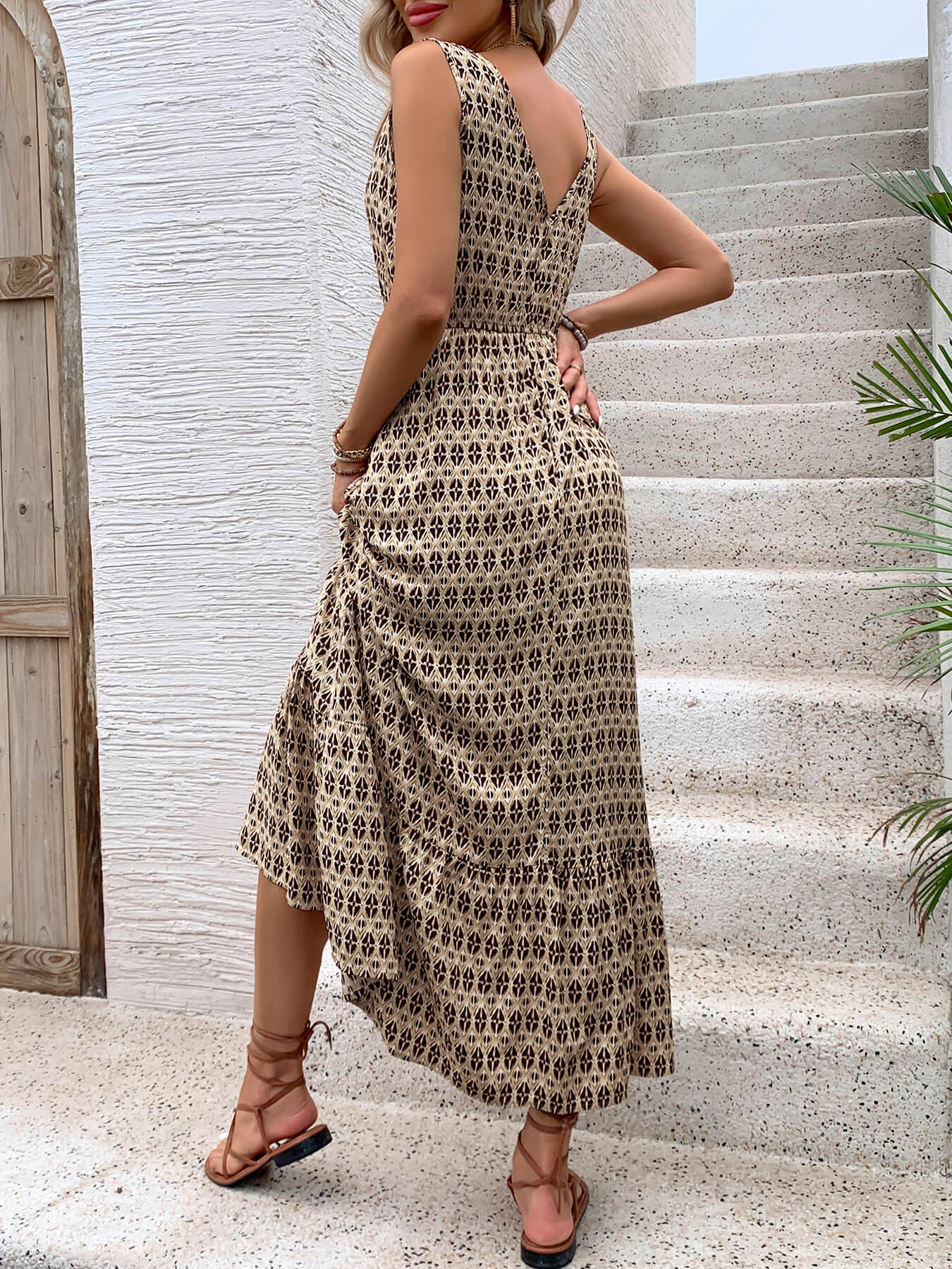 Ashlyn V-Neck Tiered Maxi Dress - Beige