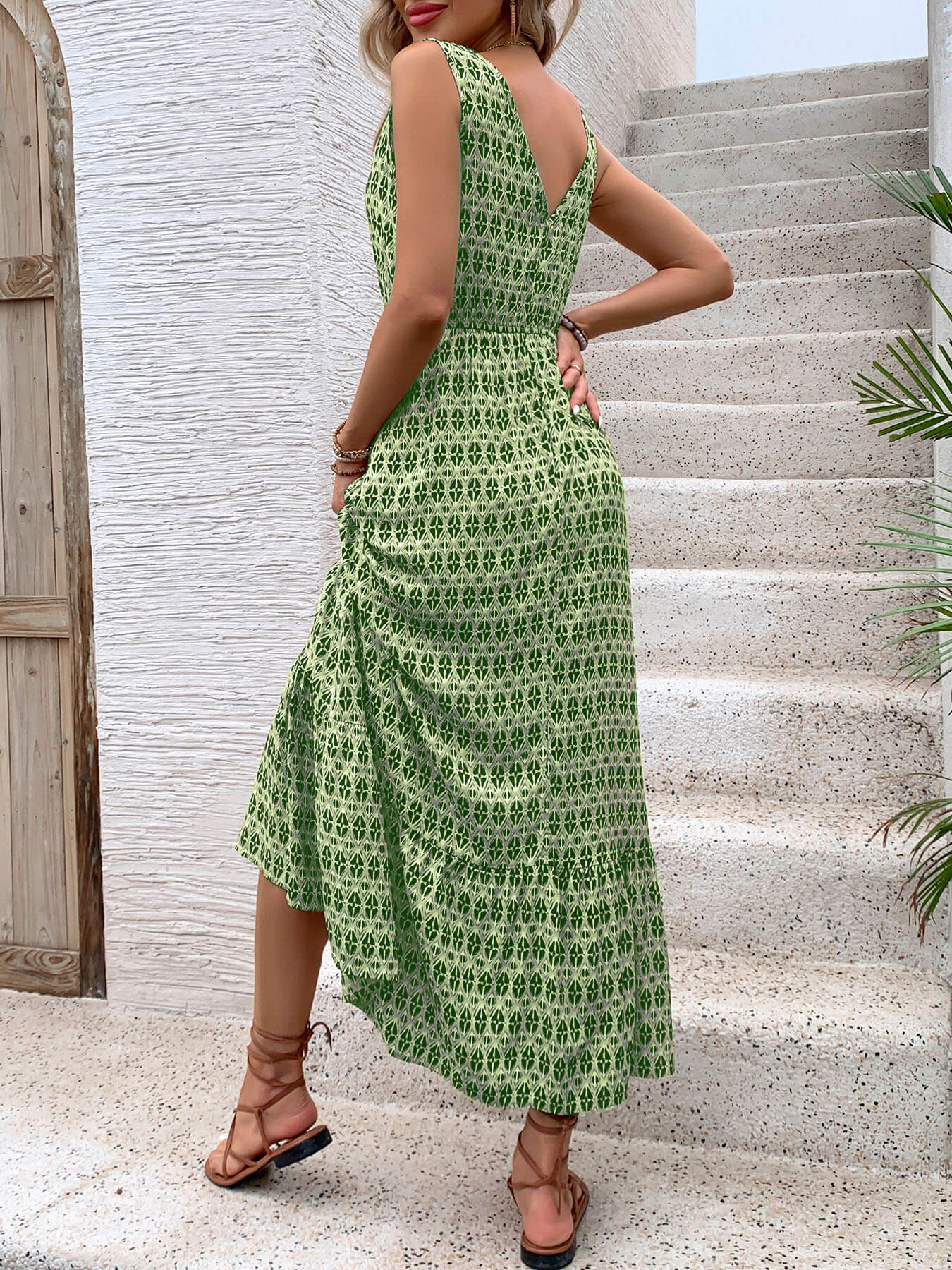 Ashlyn V-Neck Tiered Maxi Dress - Green