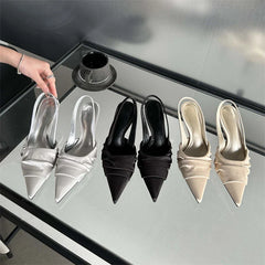 High Quality Satin Pleat Pointed Toe Pumps Slingbacks Thin Heels Shoes Banquet Party Sandals