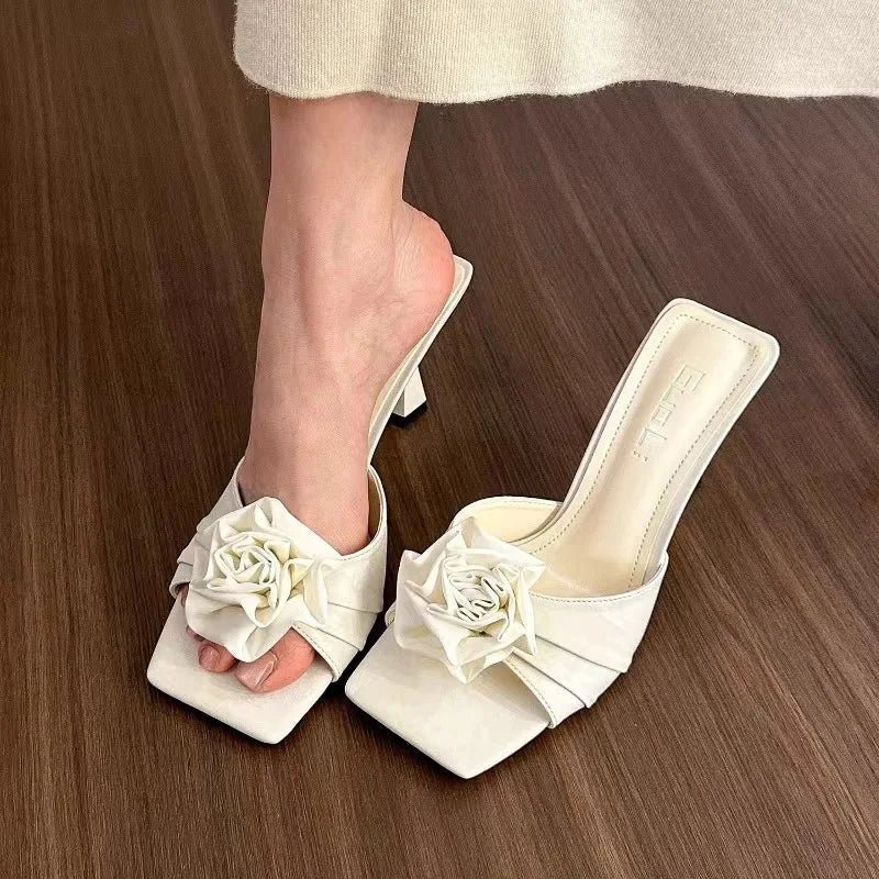 Shoes Woman Low Loafers Slippers Mules Cover Toe Slides Flower Pointed Fabric Rubbe