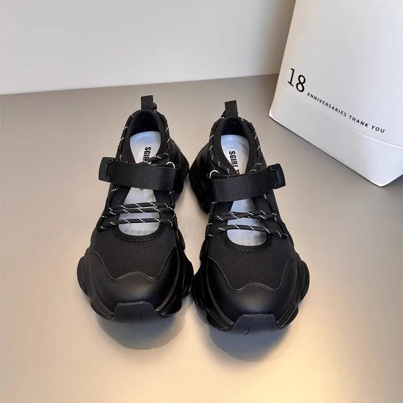 Breathable Mesh Hollow Out Thick Bottom Casual Sports Shoes Thin Mary Jane Shoes Magic Tape Leisure Sports Shoes
