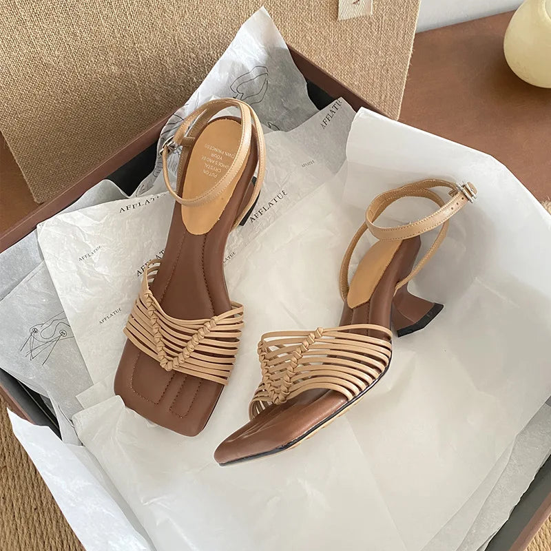 woven square toe strange heel buckle strap shoes