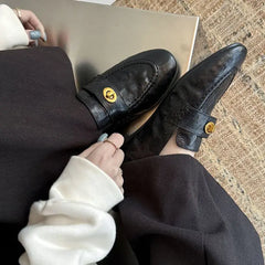 Genuine Calfskin Slip On Round Toe Square Heel Shallow Casual Outdoor Shoes