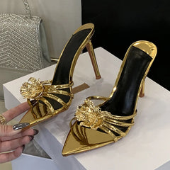Pointed Toe White High Heels Party Slippers Metal Flowers Sandal Banquet Shoes Mules Slides