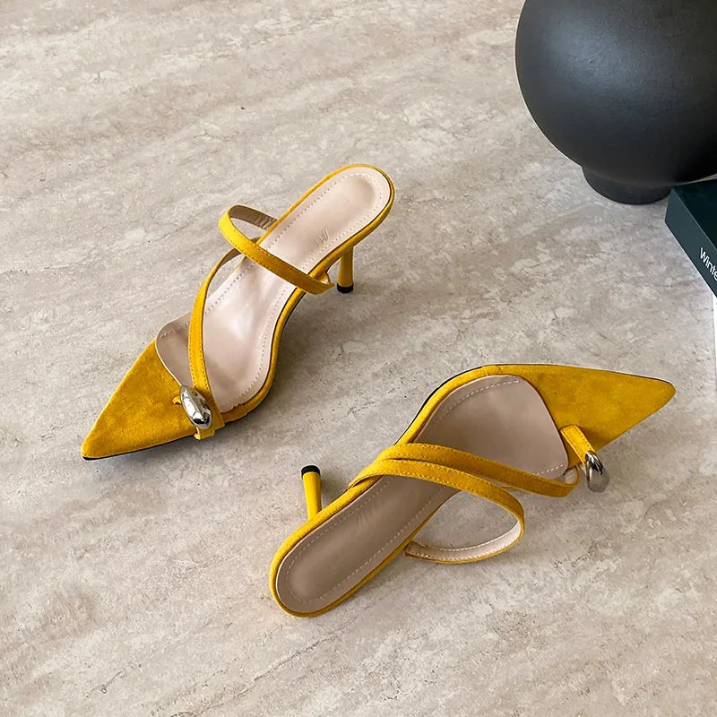 Pointed Toe High Heels Pumps Slides Shoes Slip Metal Thin Heels Shoes Flip flops