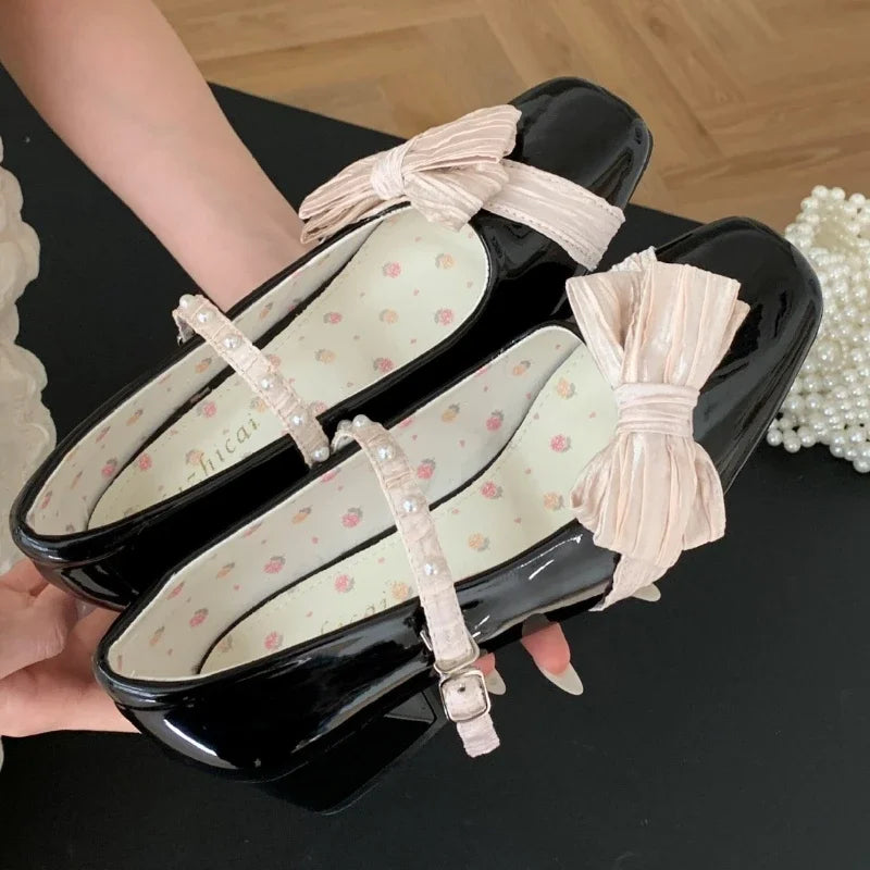 Butterfly-knot Sweet Mary Jane Shoes Elegant Chunky Shallow Pumps Buckle Square Toe High Heels Ladies