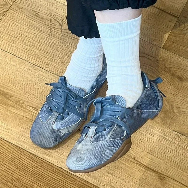 Retro Faded Denim Ballet Flat Bot Tie Design Single Shoes Korea