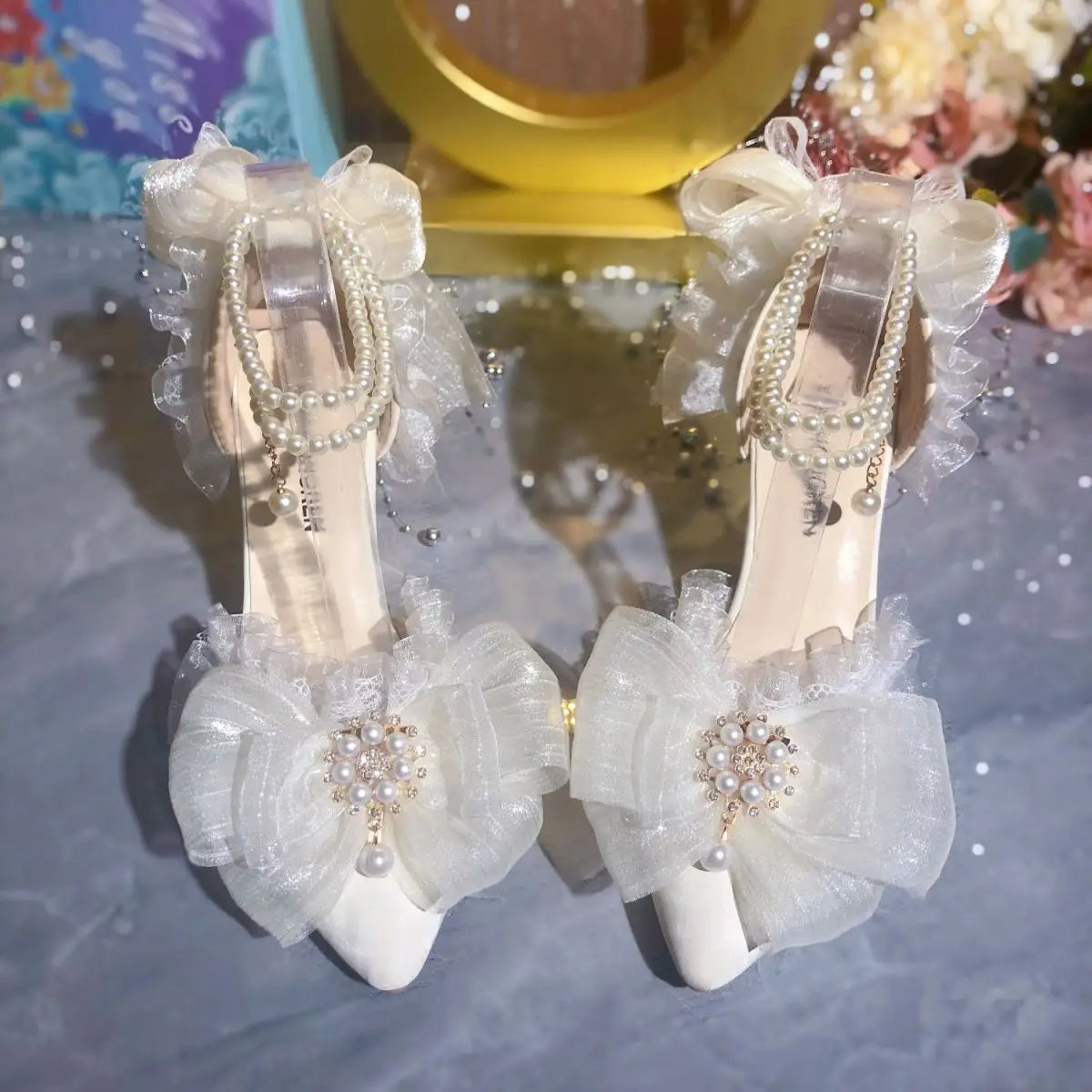 Elegants White Lolita Mary Jane Shoes Woman Pearl Lolita Sandals Sling Back Heels