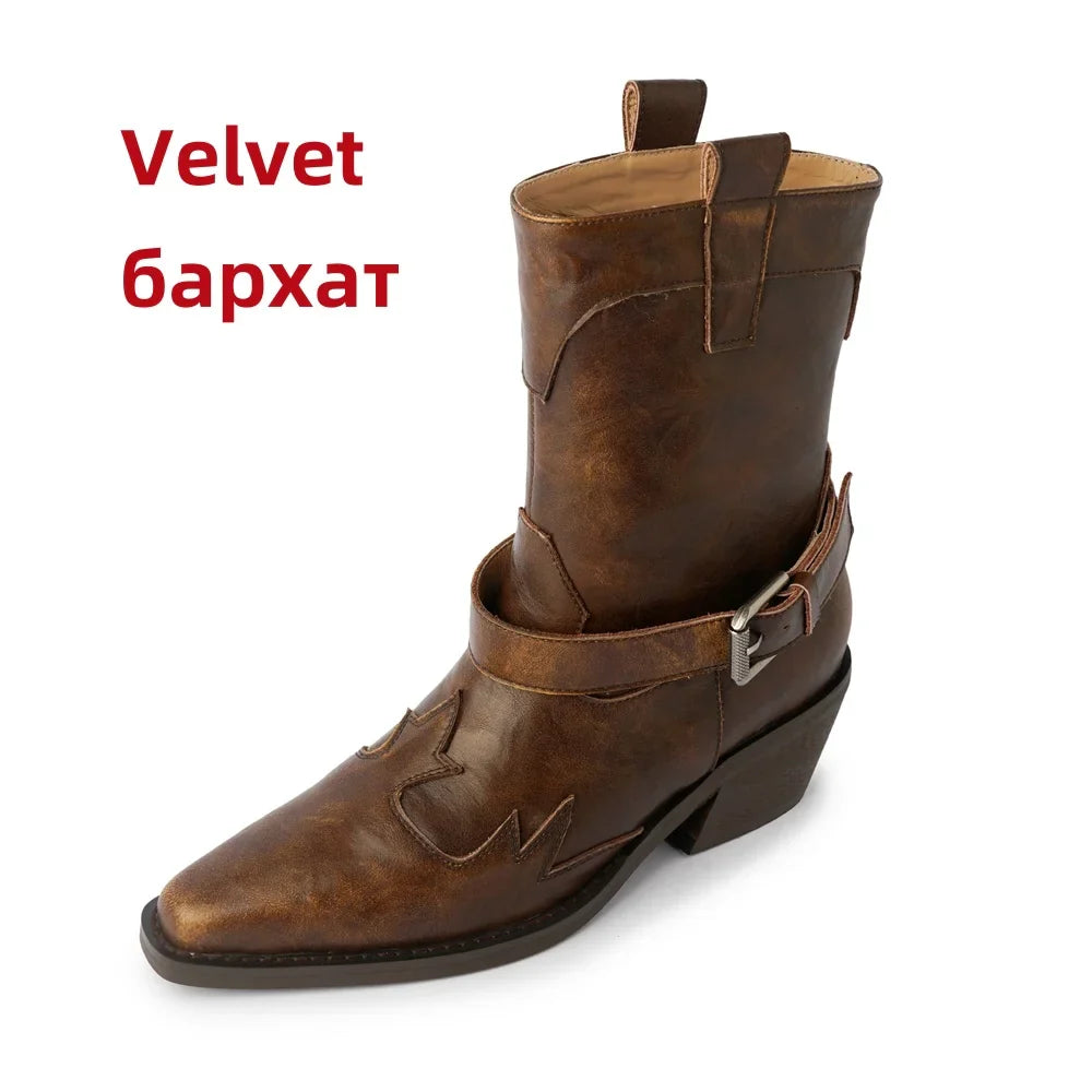 Ankle Boots Genuine Leather Chunky High Heels Shoes