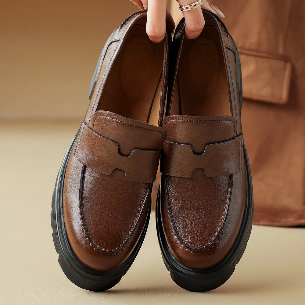 genuine leather chunky heel platform moccasins round toe high quality soft comfortbale loafers shoes hot