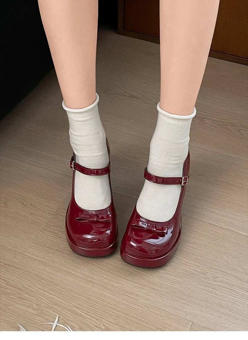 Thick Heel Mary Jane Shoes Outdoor Butterfly-knot Shoes Elegant Wedding Party Pumps