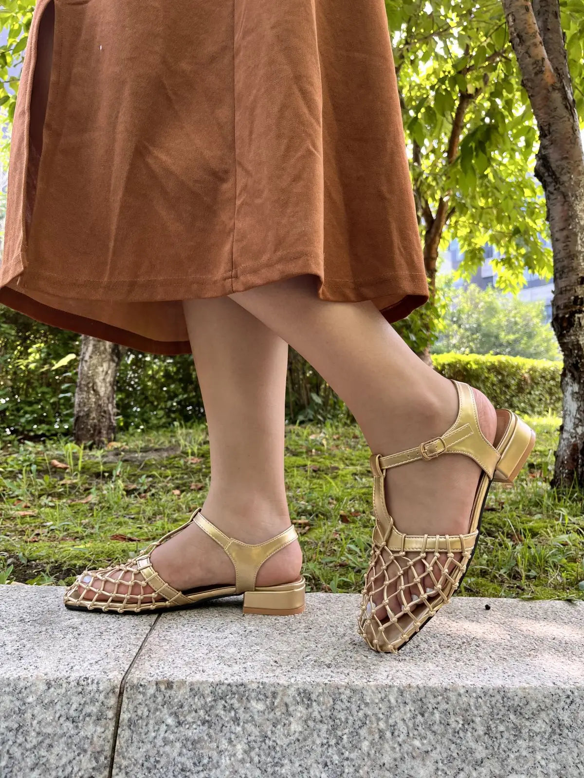 French Retro Hollowed Out Mesh Sandals Square Toe Sandals