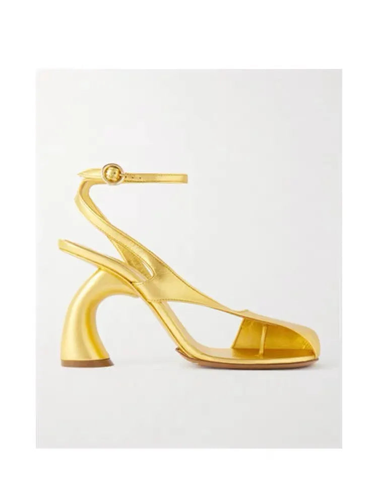 Leather Sandals Square Toe Ankle Strap Chunky Heel Elegant Party Evening